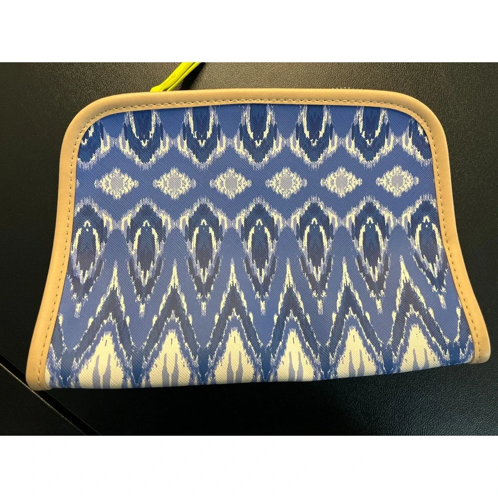 Stella & Dot Blue Ikat Makeup‎ Cord Pouch Travel Bag Yellow Zebra Lining